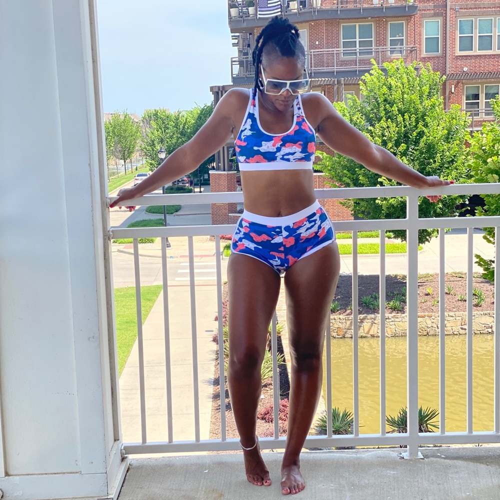 Black Blue and Green Camouflage Athletic Bikini Set